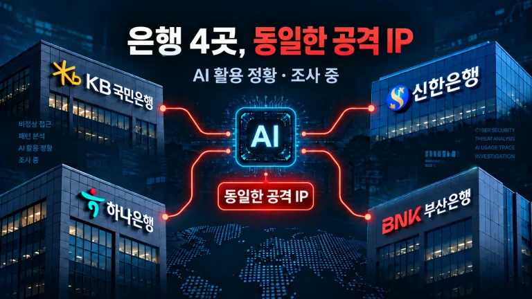 신한·KB국민·하나·부산은행을 겨냥한 AI 해킹 정황과 동일 공격 IP를 표현한 일러스트